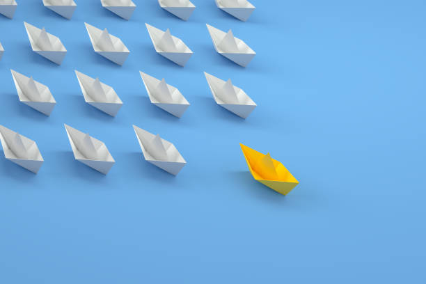 3d rendering of paper boat,ship teamwork and leadership business concept. Simplicity, minimal design.